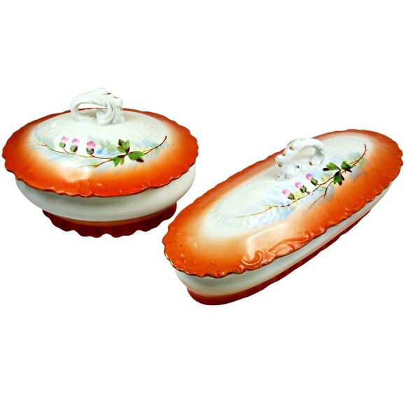 Other - Vintage Luster-Style Covered Vanity Dishes – Rosebud Motif, Hand-Numbered Pair